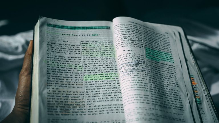 Open Bible with highlighted text, focusing on spiritual reading and study.