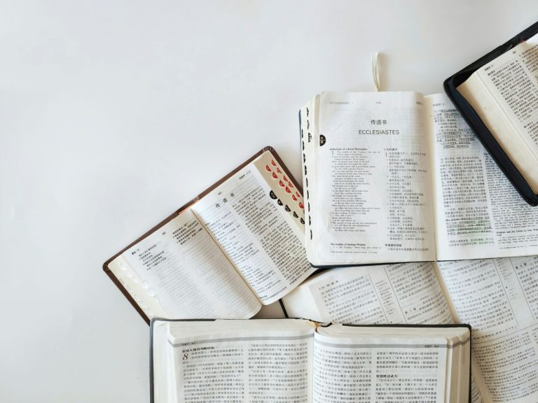 Multiple Bibles open on a white background showing text from Ecclesiastes in different languages.