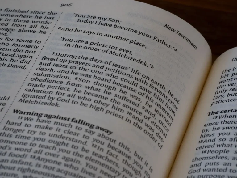 Detailed close-up of a Bible page from the New Testament highlighting scripture and themes of Christianity.